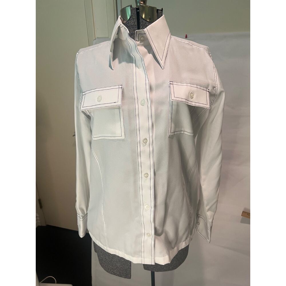 Vintage Women's BIG COLLAR White Poly Flap Pocket Long Sleeve Shirt S Free Ship